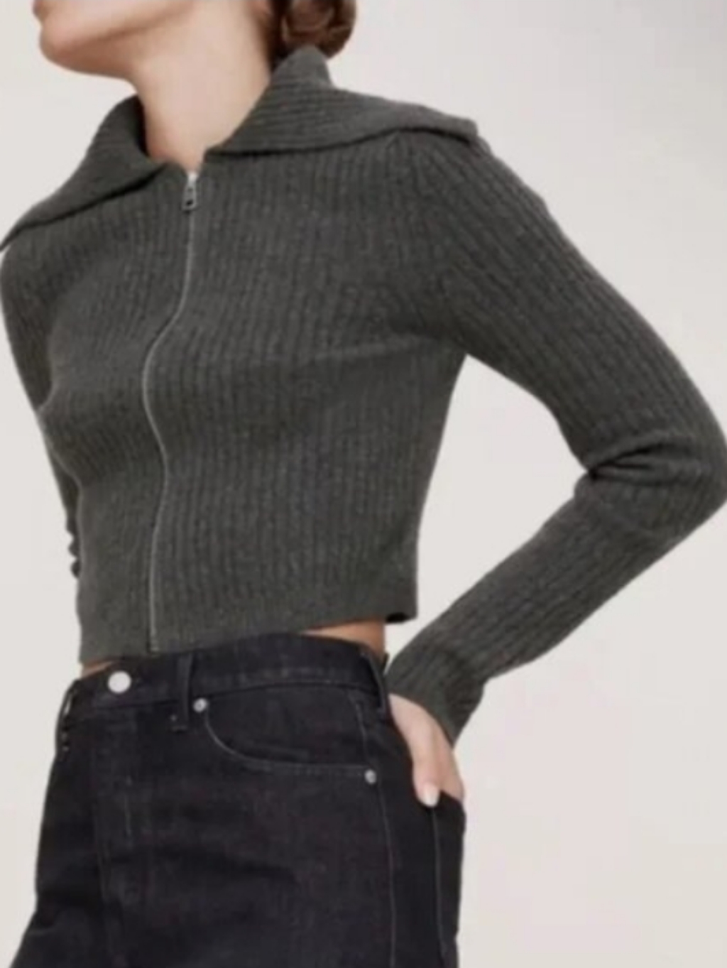 Banana Republic Charcoal Ribbed Zip Cropped Sweater